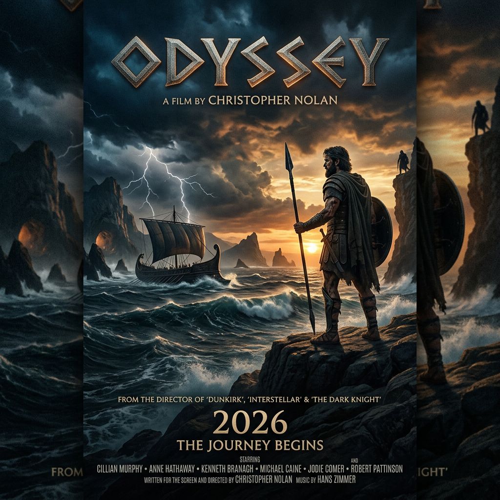 A movie poster of the 2026 movie "Odyssey" by Christopher Nolan on the Greek epic by the same name.
