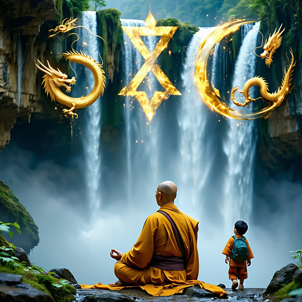 A wise monk meditates near a waterfall as golden symbols rise into the air—representing the four honorable types.
A young traveler walks toward the monk, and the mist turns into rising golden dragons of fortune. cinematic, hyper realism