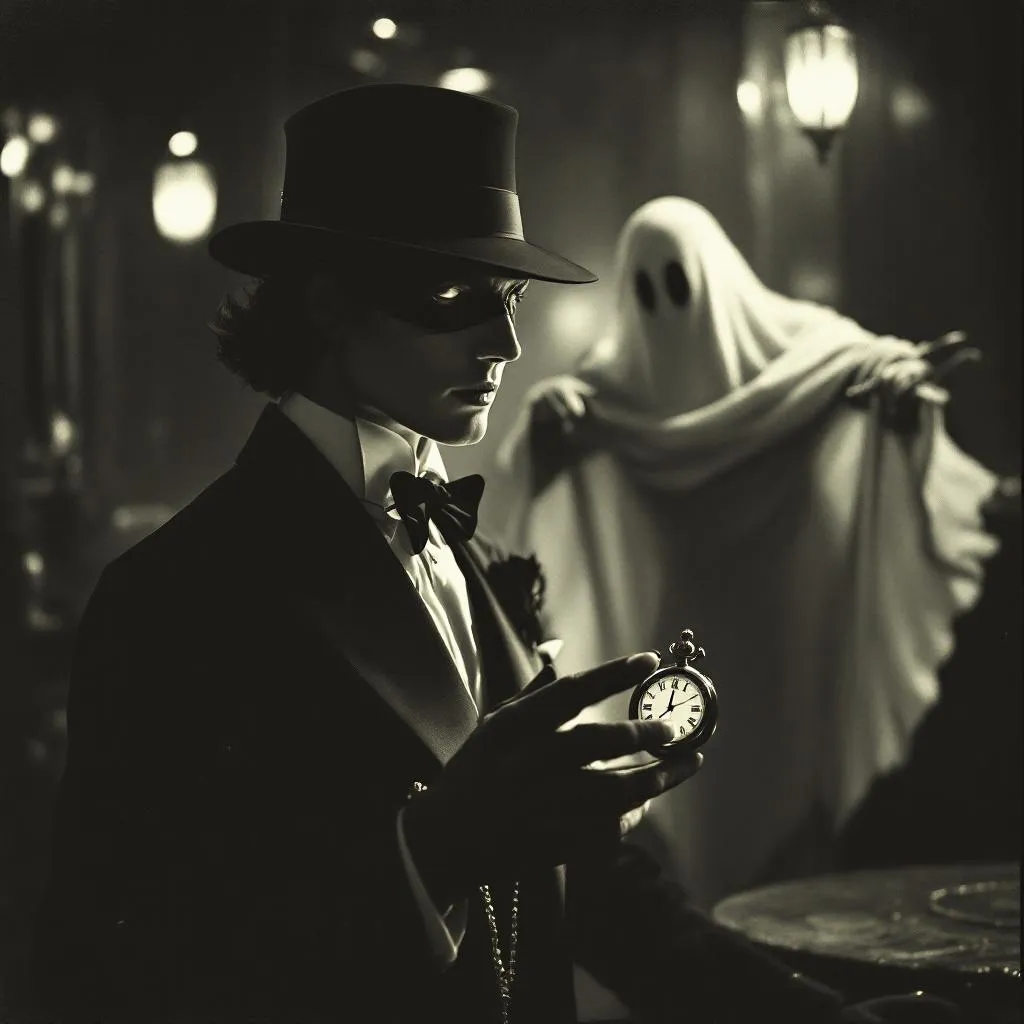 beautiful thief with pocket watch and ghost in art deco club in the 1930s