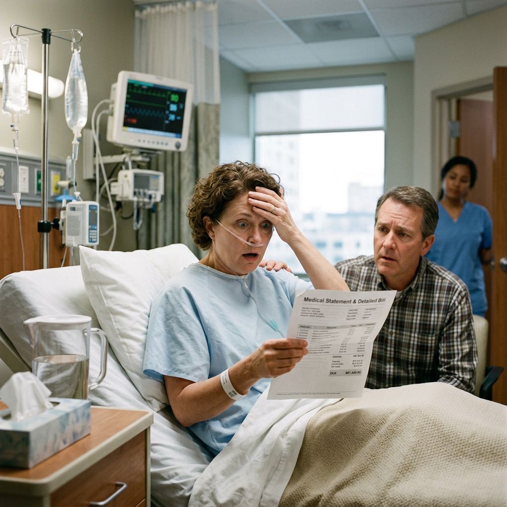 Generate an image of a patient at a hospital shocked by the medical bill.