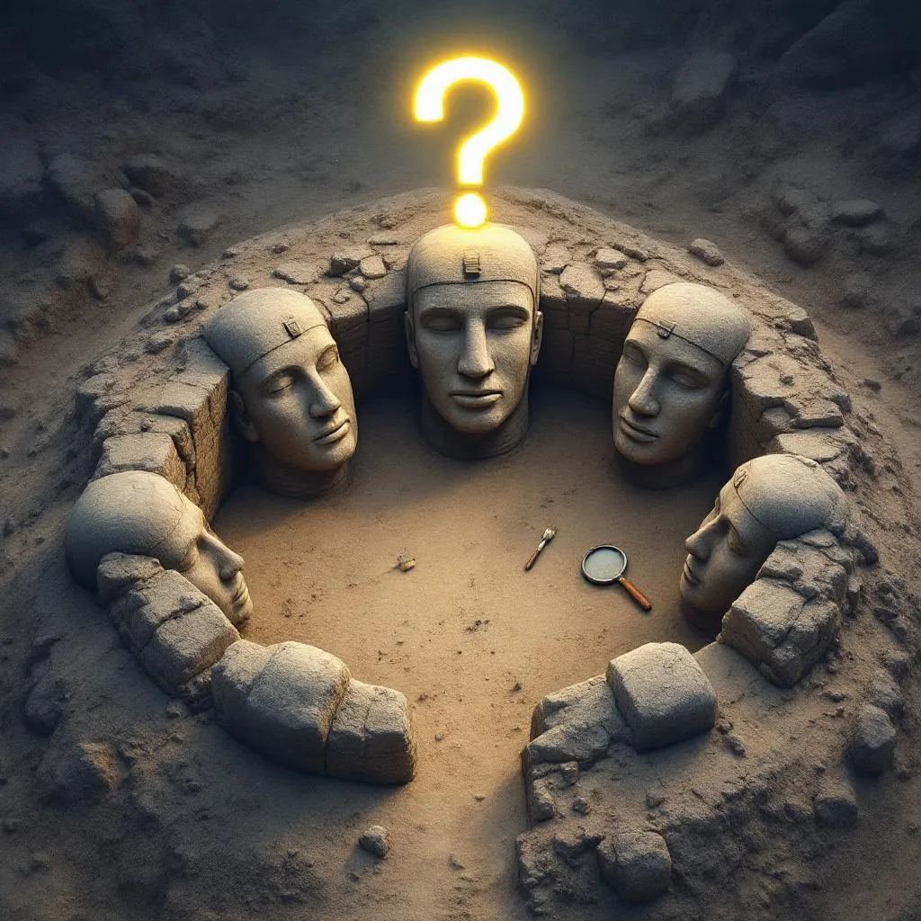 Bird’s-eye view of Mount Nemrut with giant stone heads arranged in a semi-circle, partially buried. Add an archaeological brush and magnifying glass placed near one head to suggest discovery. Include a glowing question mark above the statues. Text: “Ancient Mystery Uncovered!” image aspect ratio is 16:9