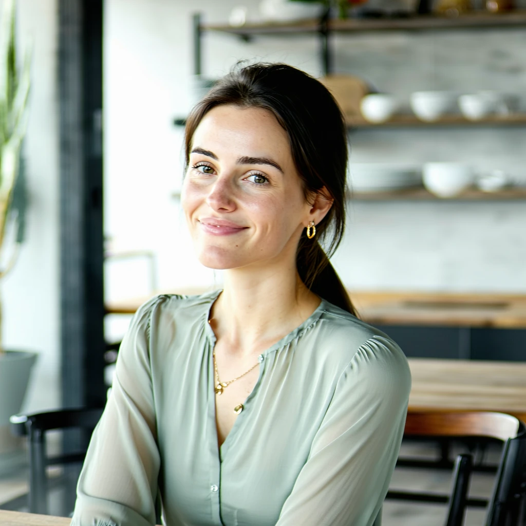A confident young woman sitting at a table in a softly lit modern interior, facing the camera with a calm, gentle smile. She is wearing a light sage green blouse with a teardrop neckline cutout and small gold hoop earrings. Her dark hair is neatly parted and pulled back. The background is softly blurred in neutral tones, resembling a kitchen or home office. Natural lighting from the side enhances her facial features, giving the scene a clean, professional, and approachable look. Shot in a portrait style with a shallow depth of field.