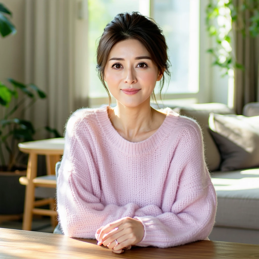 A high-resolution photograph features a young East Asian woman in her thirties seated at a wooden table in a sunlit living room. She confidently looks at the camera, her neatly pulled-back hair and comfortable pastel pink sweater complementing the serene ambiance created by the natural light, neutral-colored walls, and soft furnishings like the plants, sofa, and floor lamp around her.