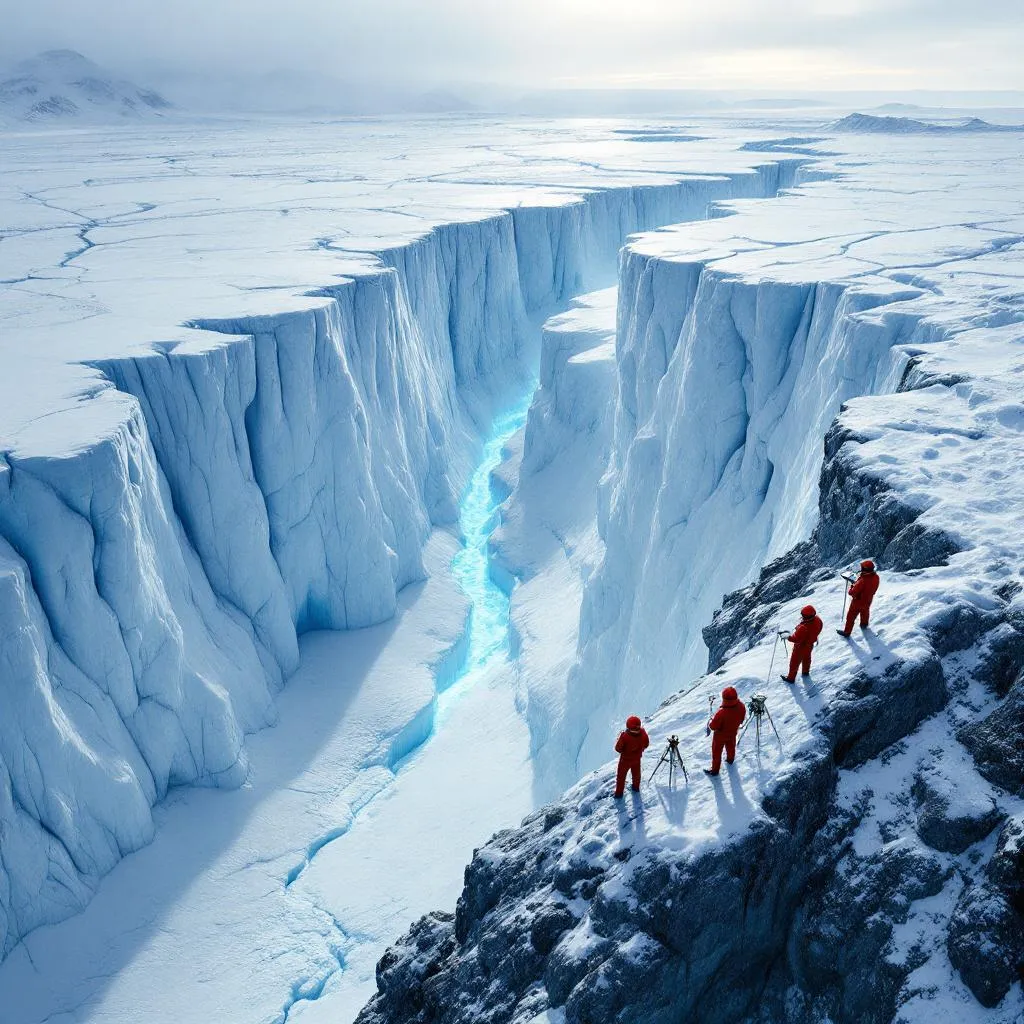 Aerial shot of a massive glacier in Antarctica showing deep cracks and melting ice layers. A group of real scientists in red Arctic jackets stand near the edge, using measuring instruments and ground-penetrating radar. Snow is lightly falling. The sky is overcast with a hint of sunlight breaking through. Photorealistic, 16:9 aspect ratio, documentary-style composition, realistic lighting, cold color grading, no fantasy elements.