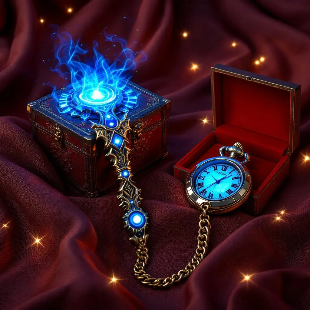 Chakram weapon and glowing pocket watch with magic box