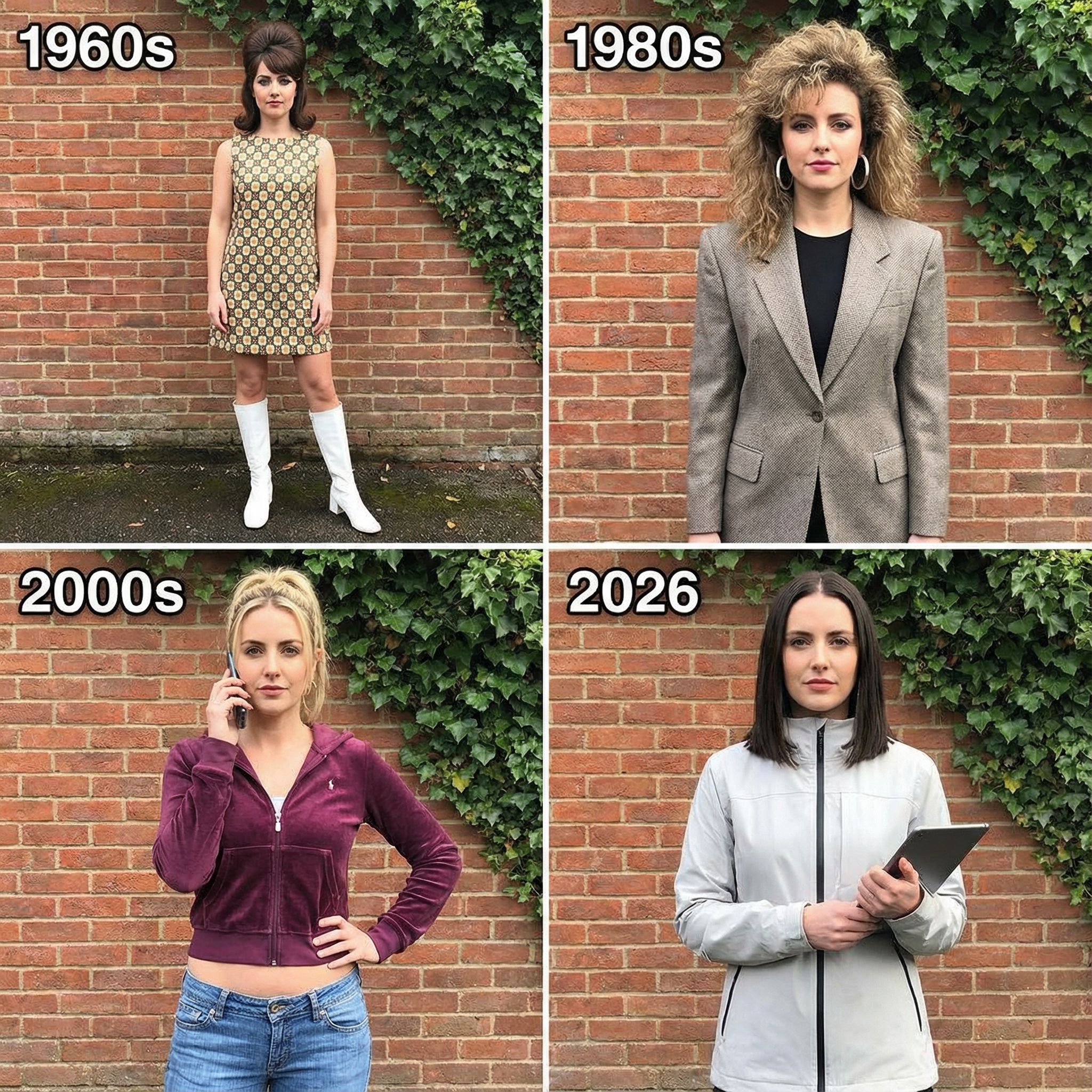 Split image of the same woman in 1960s, 1980s, 2000s, 2026. Against the same background in all the images.
