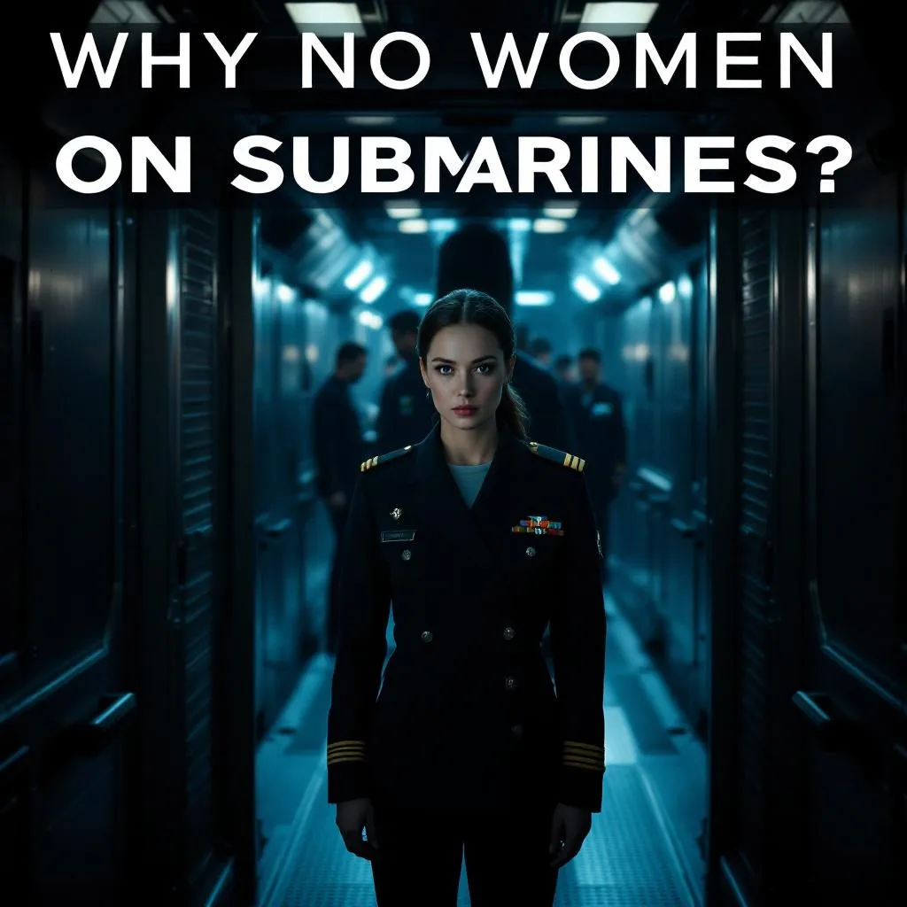 A realistic scene of a modern submarine interior — tight metal corridors with dim blue lighting, a serious female naval officer in a dark navy uniform standing at the entrance, looking determined but isolated — behind her, silhouettes of male sailors working — overlaid bold text: 'Why No Women on Submarines?' — style of a military documentary, 16:9 aspect ratio, high contrast, cinematic lighting."

Style Tags: realistic, documentary, military, submarine interior, cinematic