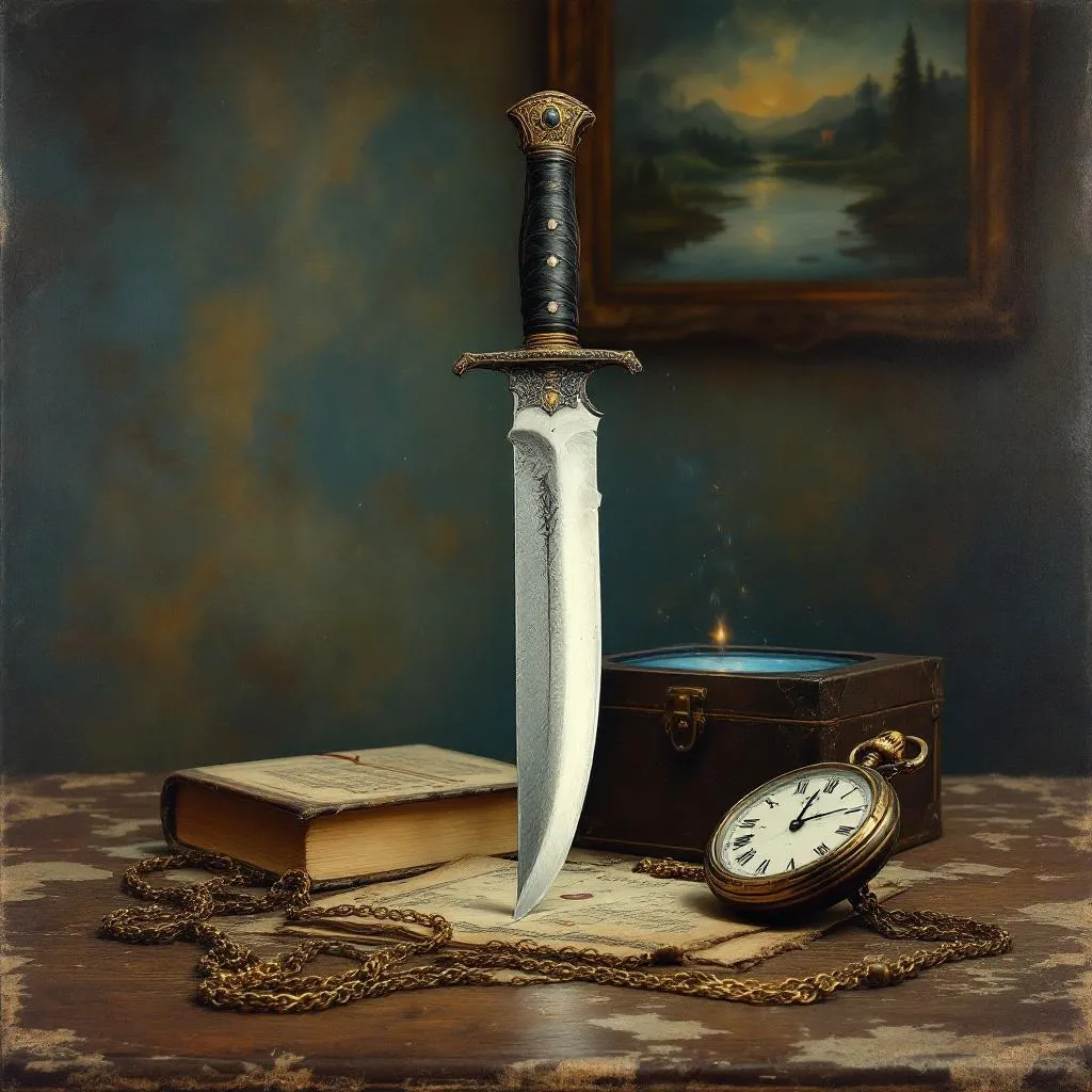 curved chopping dagger and pocketwatch on table with magic box, painting