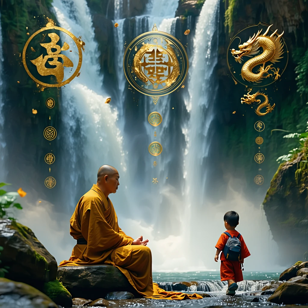A wise monk meditates near a waterfall as golden symbols rise into the air—representing the four honorable types.
A young traveler walks toward the monk, and the mist turns into rising golden dragons of fortune. cinematic realism