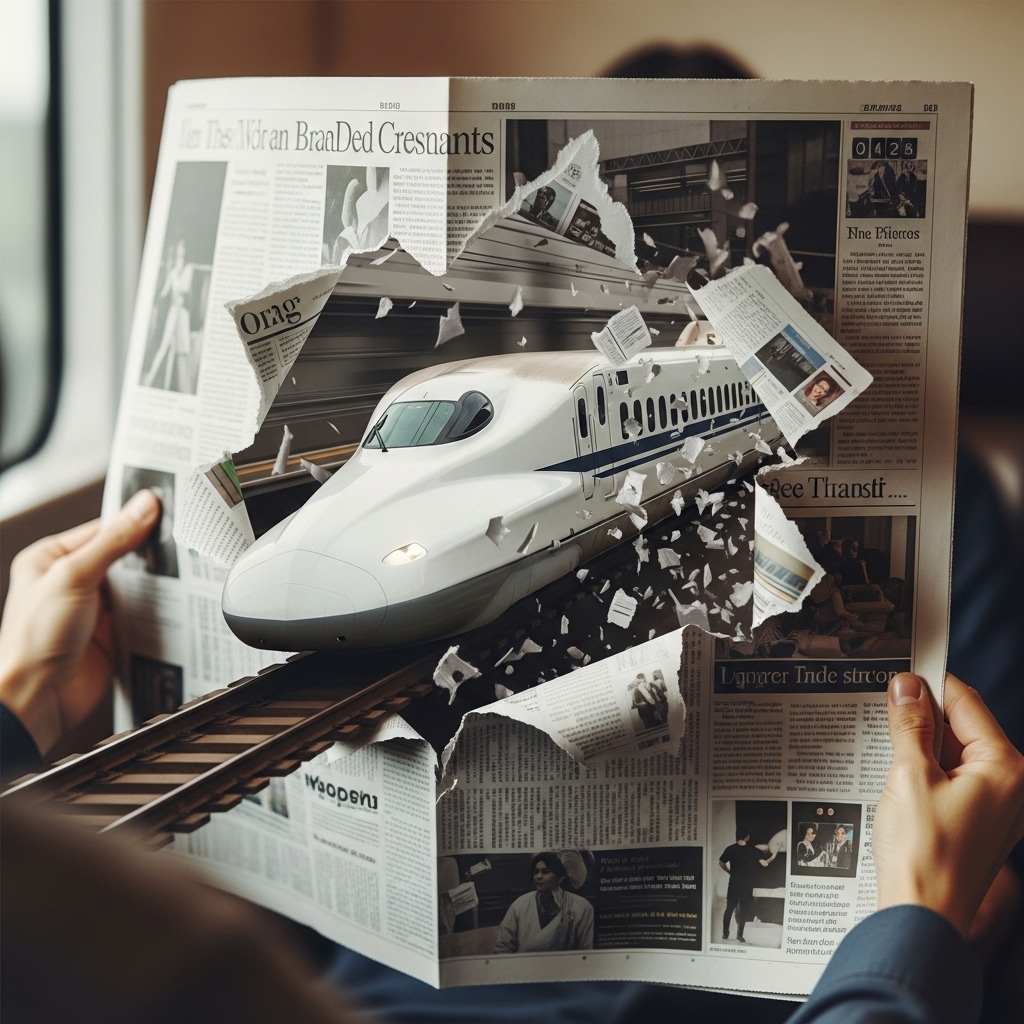 A bullet train racing through a newspaper held by a reader, creating a dramatic scene.