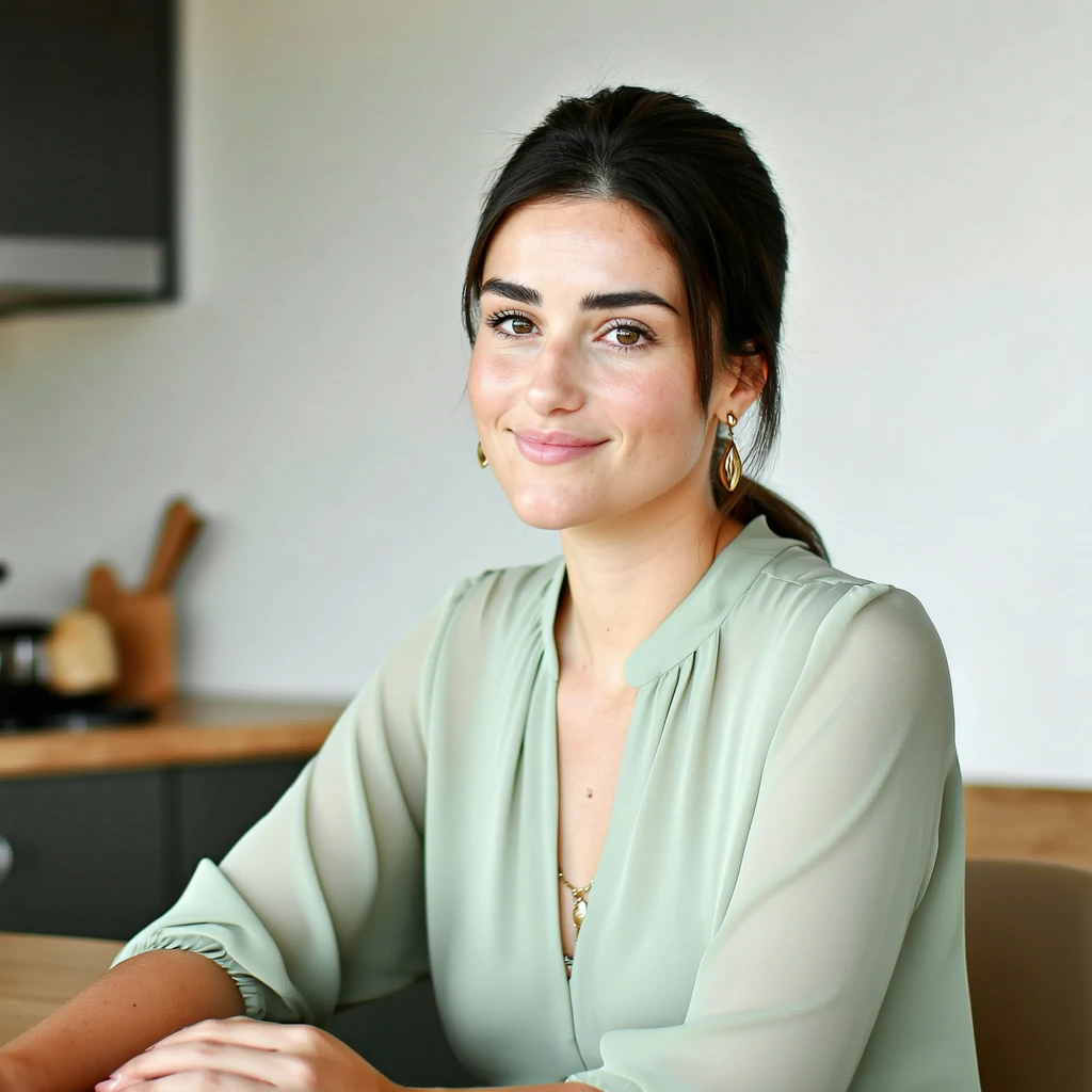 A confident young woman sitting at a table in a softly lit modern interior, facing the camera with a calm, gentle smile. She is wearing a light sage green blouse with a teardrop neckline cutout and small gold hoop earrings. Her dark hair is neatly parted and pulled back. The background is softly blurred in neutral tones, resembling a kitchen or home office. Natural lighting from the side enhances her facial features, giving the scene a clean, professional, and approachable look. Shot in a portrait style with a shallow depth of field.