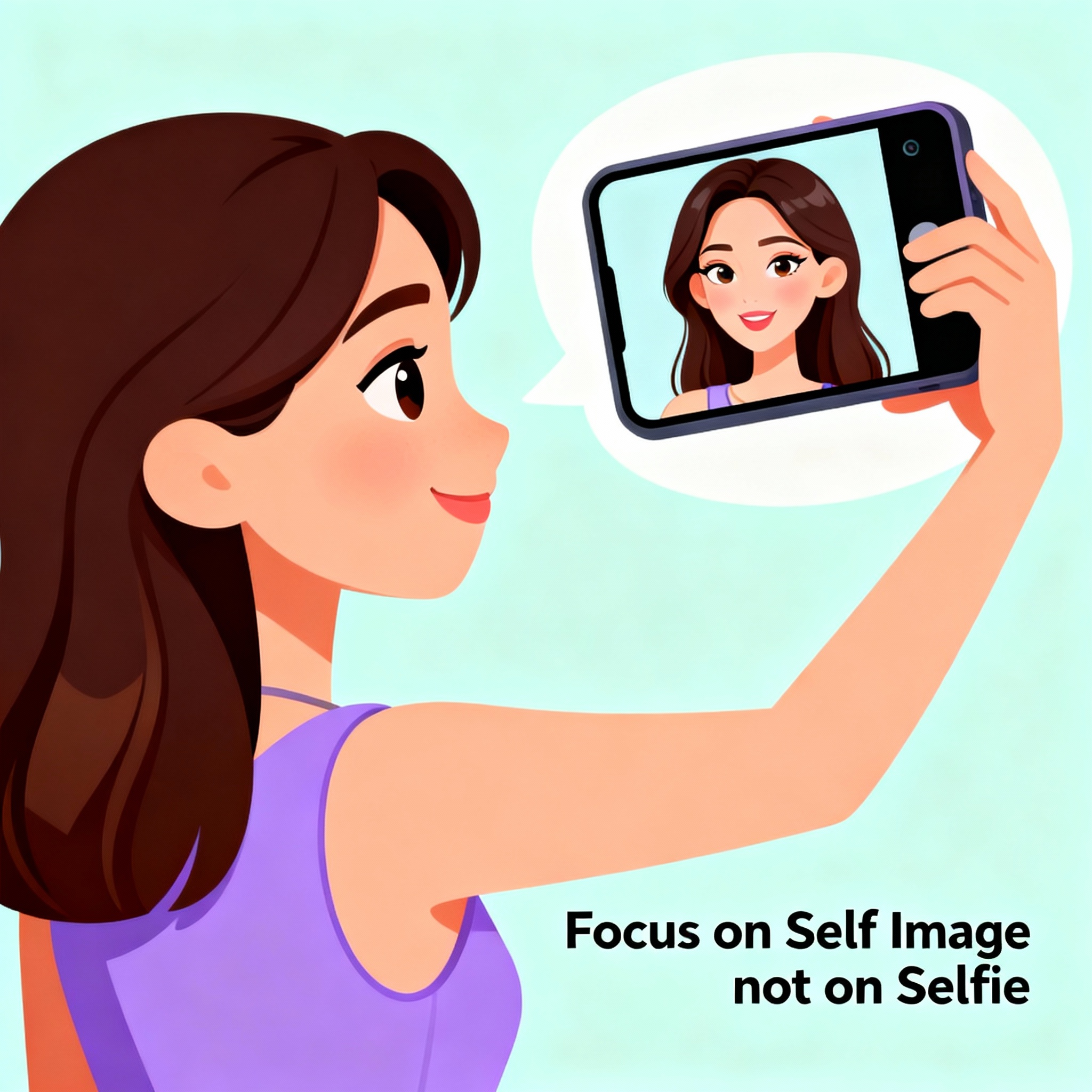 A side view woman taking a selfie using her mobile phone with her hand raised slightly over shoulder level. Behind the phone, we see a blurb with a beautified version of the woman. The picture is depicted in cartoon style. There is text at the bottom of the image that reads "Focus on Self Image not on Selfie".