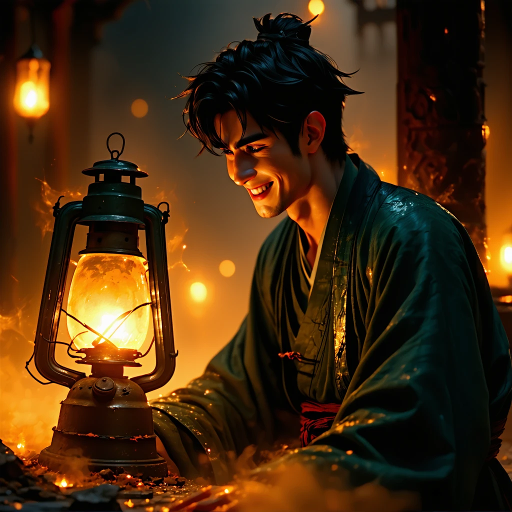 A sorrowful youth listens to the elder; as he smiles, shadows around his heart dissolve into golden mist.
A broken lantern begins to glow gently again. cinematic realism