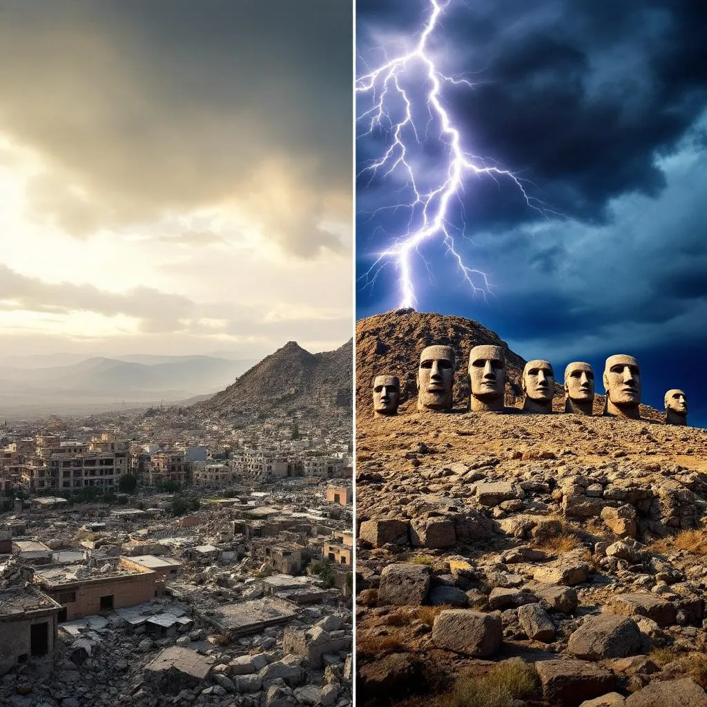 Split image: Left side shows a modern-day earthquake-ravaged city (faded), and the right side shows untouched ancient stone heads on Mount Nemrut. Highlight the contrast. Add a dramatic sky with a lightning bolt in the background. Text at the top: “Still Standing After 2,000 Years?”