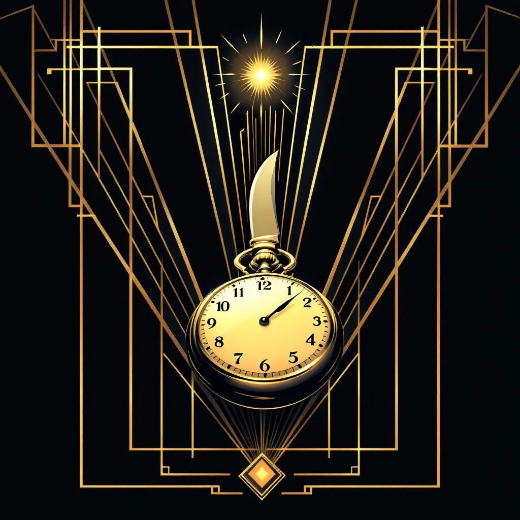 gilded art deco lines on black background with glowing open pocket watch and curved knife