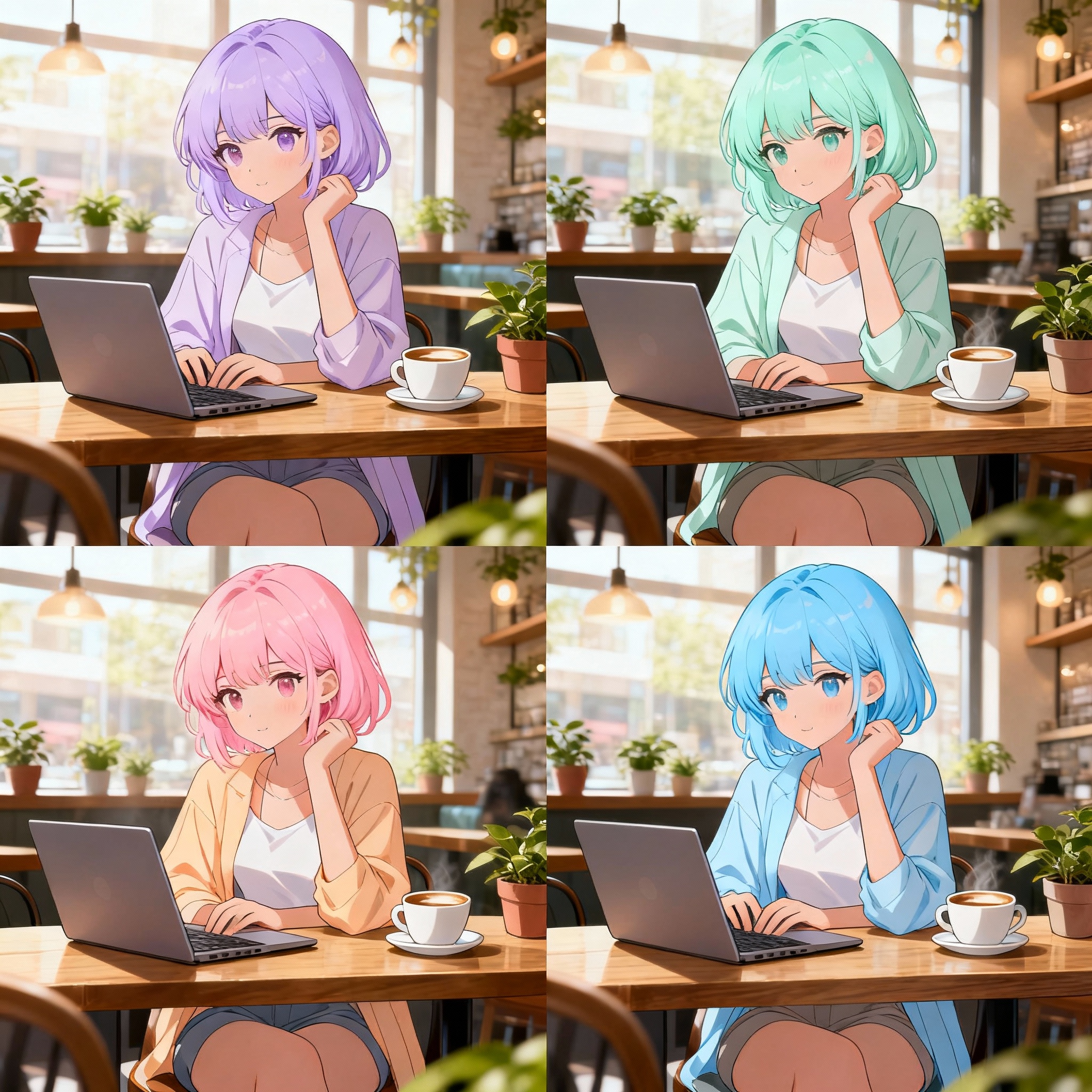 Generate an image of 4 columns where a woman is seated at a cafe. The same woman in the same pose has 4 different hair colors. Use quirky but real colors.