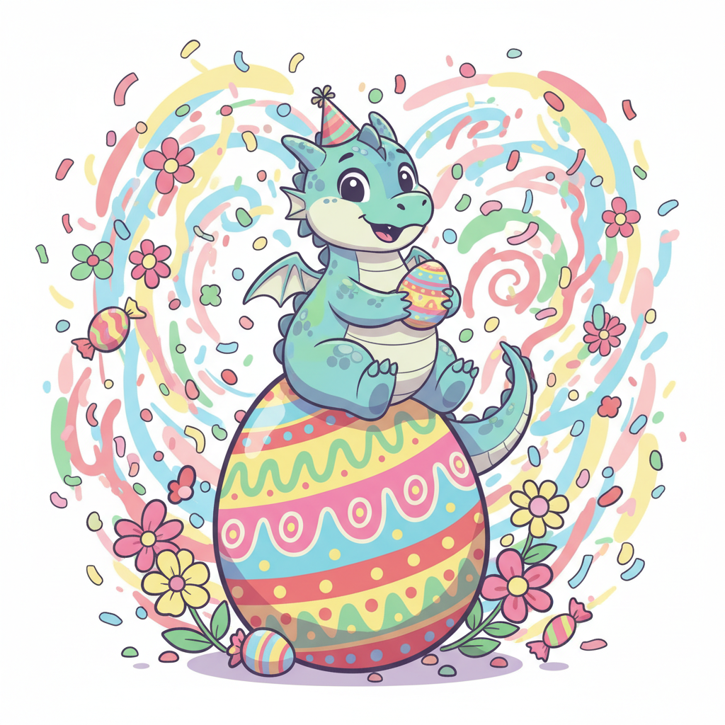 A cartoon that shows a cute and playful dragon sitting on top of a large easter egg. The background is colourful and full of confetti.