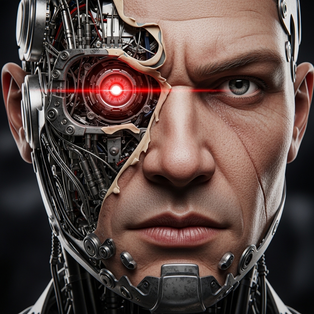 A close up of the face of a cyborg with skin peeling off near the left eye and exposing the laser in the eye and portions of the robot skeleton at the left temple of the head. The facial expression of the cyborg is serious.