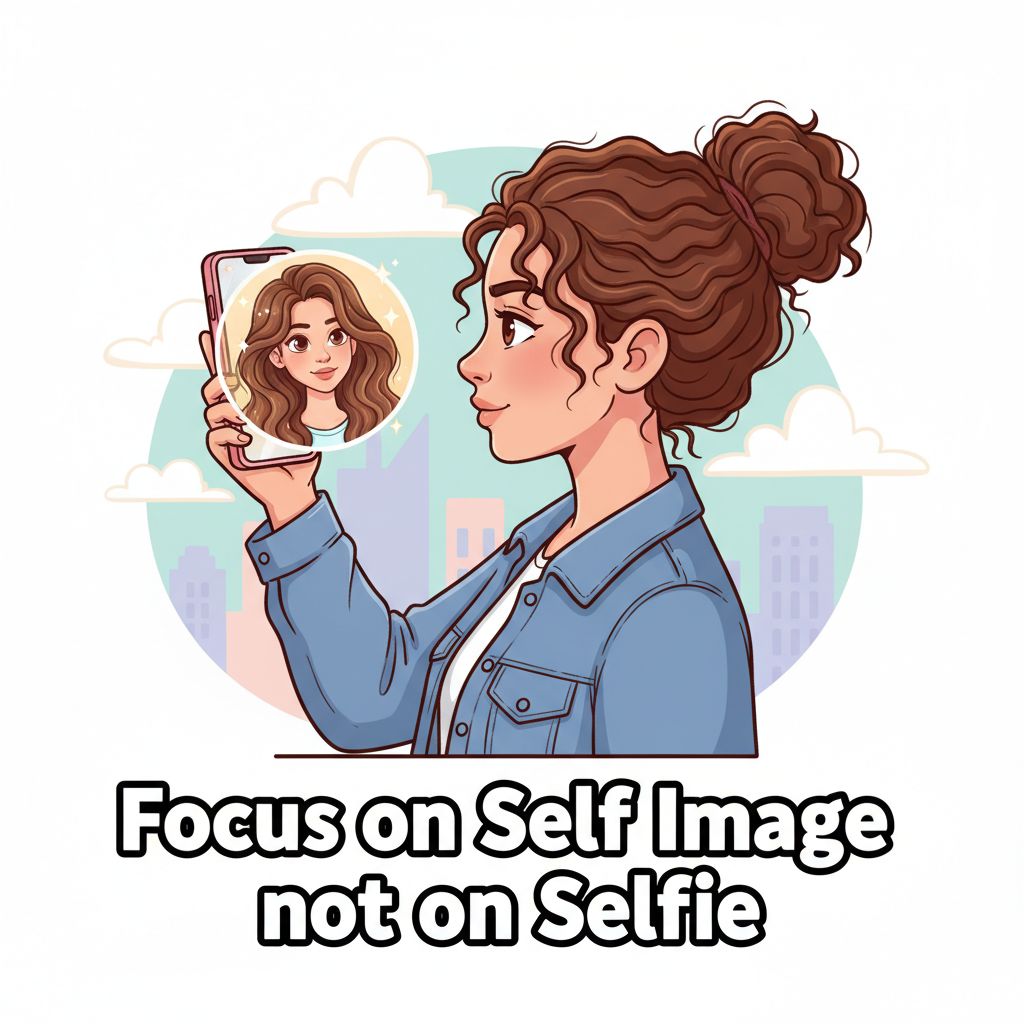 A side view woman taking a selfie using her mobile phone with her hand raised slightly over shoulder level. Behind the phone, we see a blurb with a beautified version of the woman. The picture is depicted in cartoon style. There is text at the bottom of the image that reads "Focus on Self Image not on Selfie".
