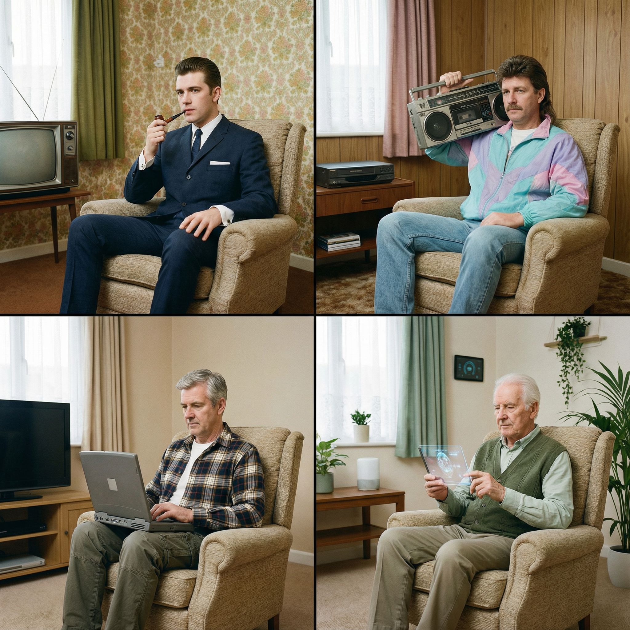 Split image of the same man in 1960s, 1980s, 2000s, 2026. Against the same background in all the images.