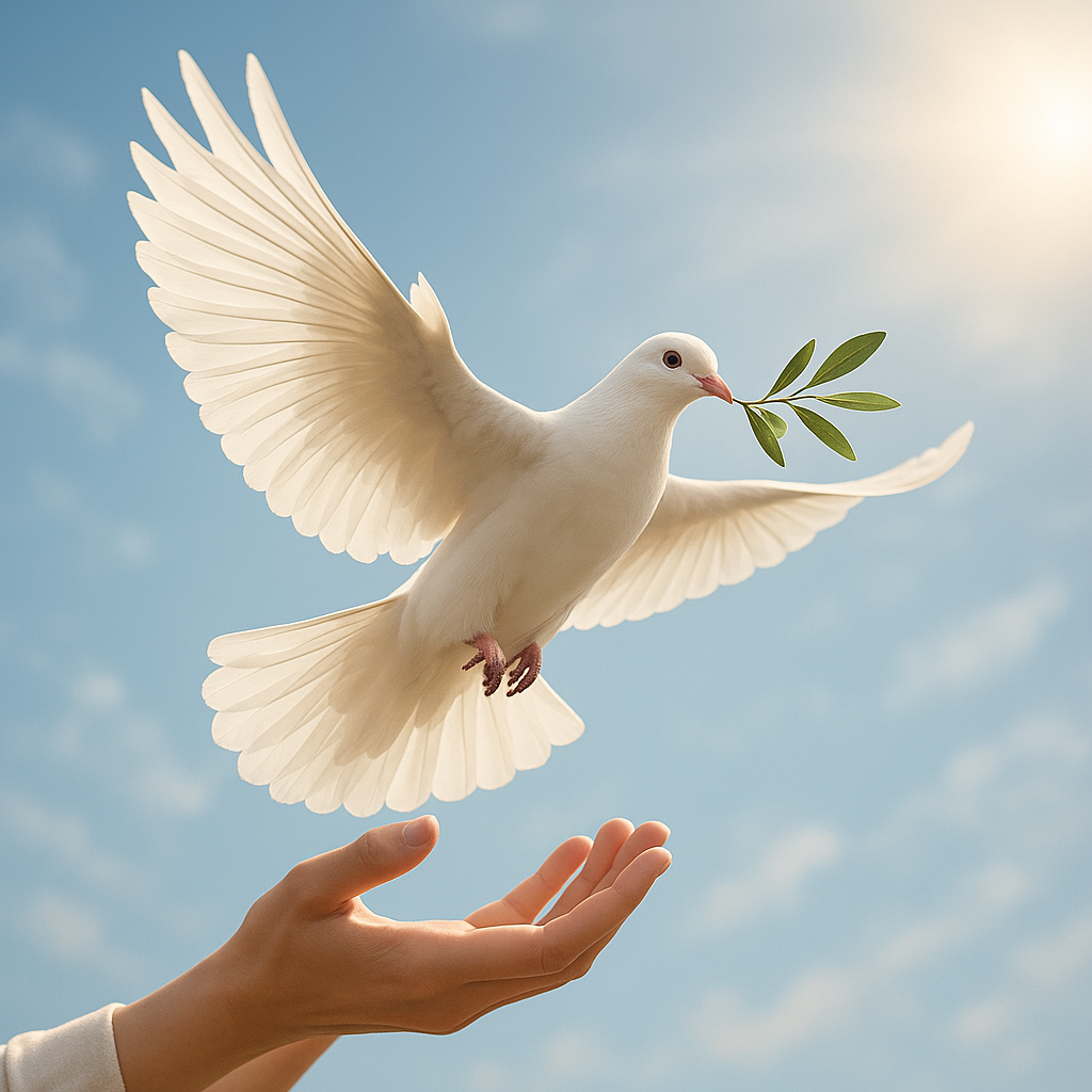 A pigeon with an olive branch being released by a pair of hands into the sky symbolising peace. You do not see any faces or people, just a pair of hands at the bottom left. The main emphasis is on the dove. The light is bright and illuminating the dove.