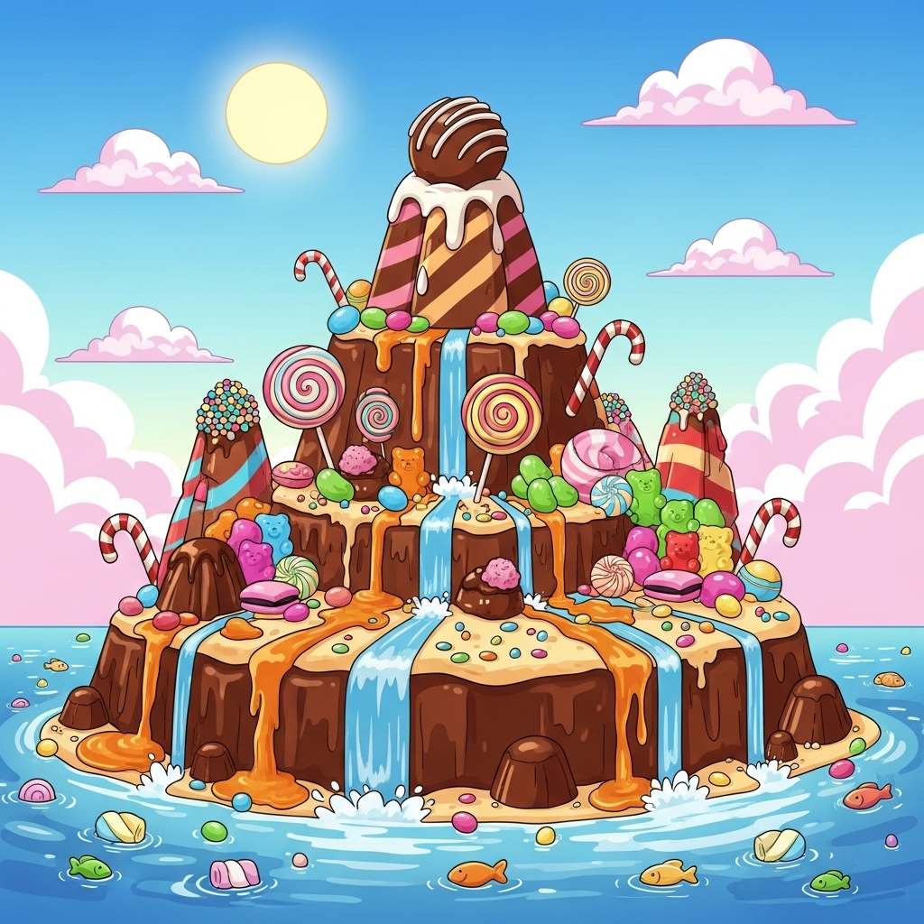 An island in the middle of the sea made of toffees, candies, chocolates and sweets. There are no inhabitants on this island and this is a cartoon style photo