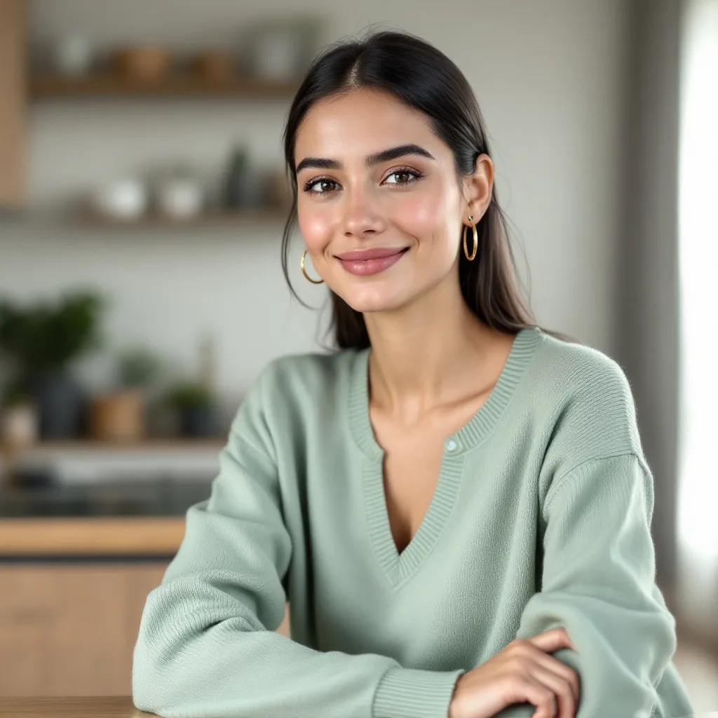 A confident young woman sitting at a table in a softly lit modern interior, facing the camera with a calm, gentle smile. She is wearing a light sage green sweater with a teardrop neckline cutout and small gold hoop earrings. Her dark hair is neatly parted and pulled back. The background is softly blurred in neutral tones, resembling a kitchen or home office. Natural lighting from the side enhances her facial features, giving the scene a clean, professional, and approachable look. Shot in a portrait style with a shallow depth of field.