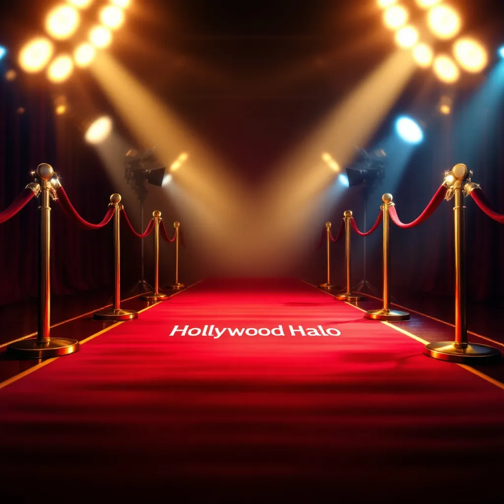 Create a high-resolution YouTube channel banner for a channel called "Hollywood Halo."
The theme is Hollywood entertainment, celebrity news, and movie updates.
Use a glamorous style with a mix of red carpet, camera flashes, movie reels, and spotlights.
Place the tex