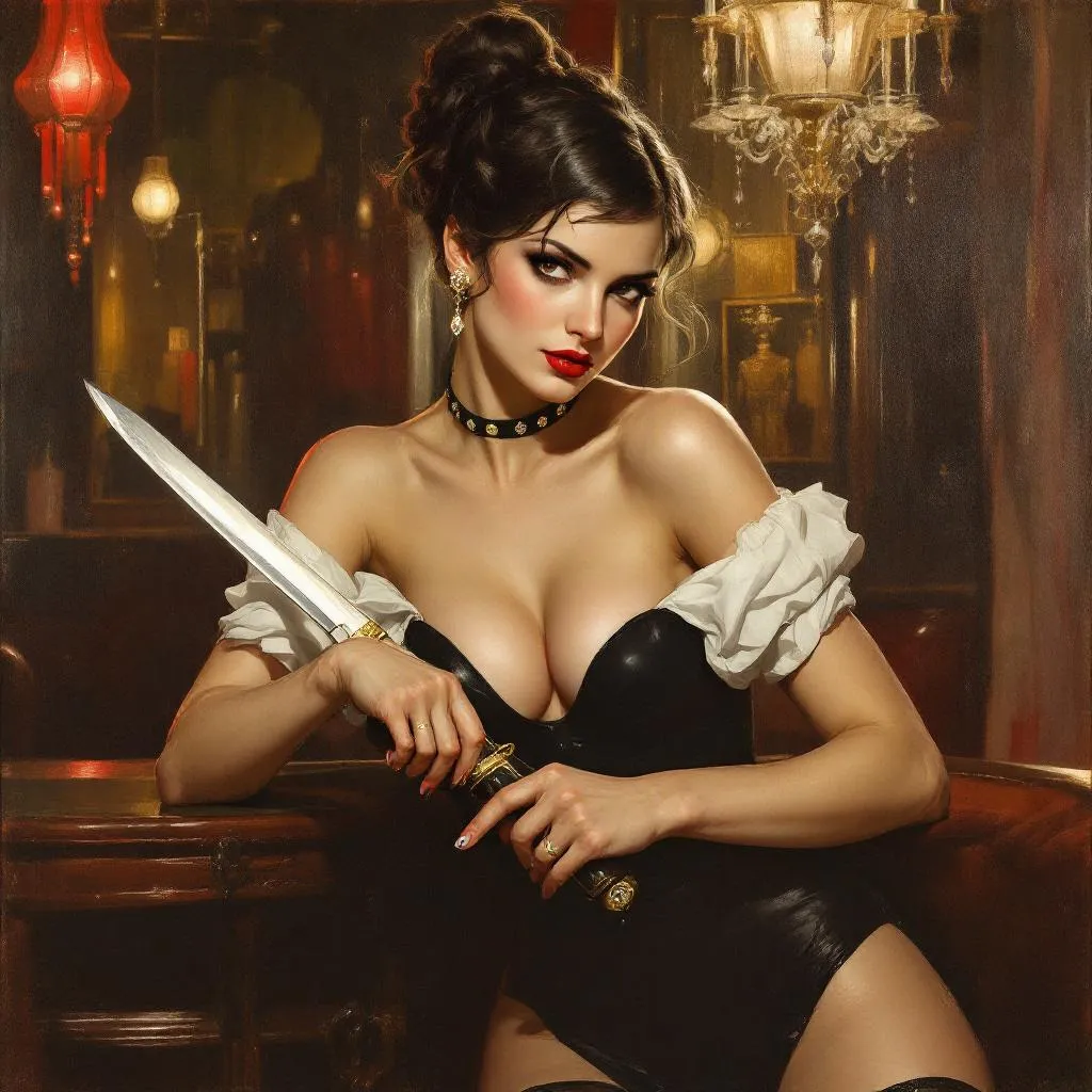 beautiful thief with fist knives in art deco club in the 1930s, painting