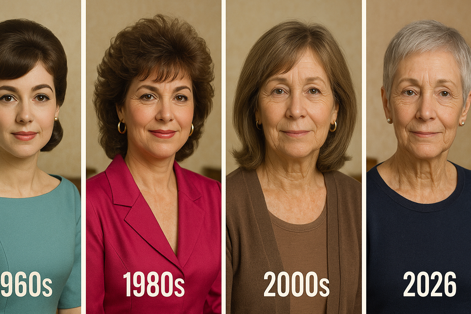 Split image of the same woman in 1960s, 1980s, 2000s, 2026. Against the same background in all the images.