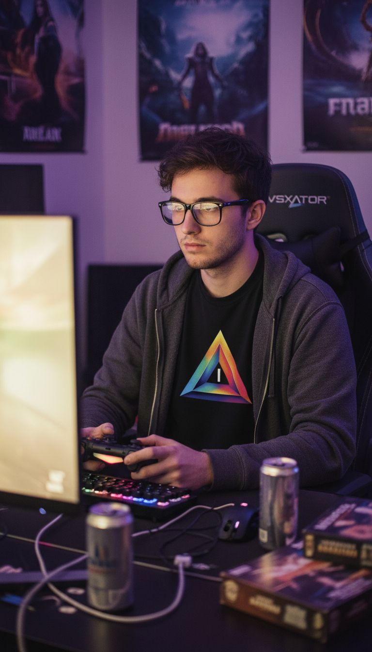 A nerdy young adult Video gamer wearing a hoodie and a black t-shirt with the uploaded image placed on the t-shirt.
