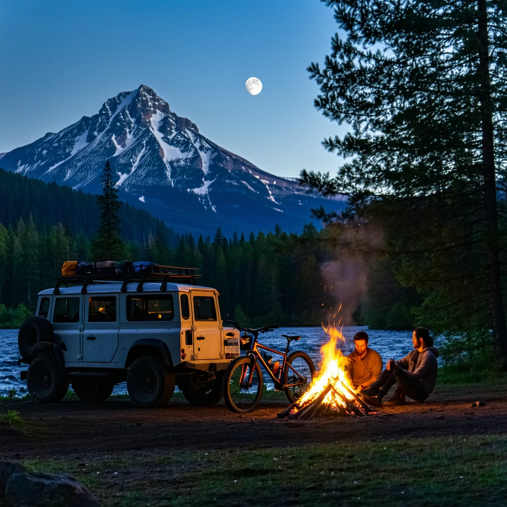 "A romantic night in the wilderness. A rugged off-road vehicle is parked on a dirt path near a dense pine forest, with a bicycle securely attached to the back. A couple sits closely by a crackling campfire, their hands intertwined, faces illuminated by the warm firelight. They gaze at the full moon and the countless stars above, lost in the beauty of the moment. In the distance, a snow-capped mountain stands tall, reflecting the moon’s soft glow. A calm river flows nearby, adding to the peaceful and intimate atmosphere of love, adventure, and freedom."