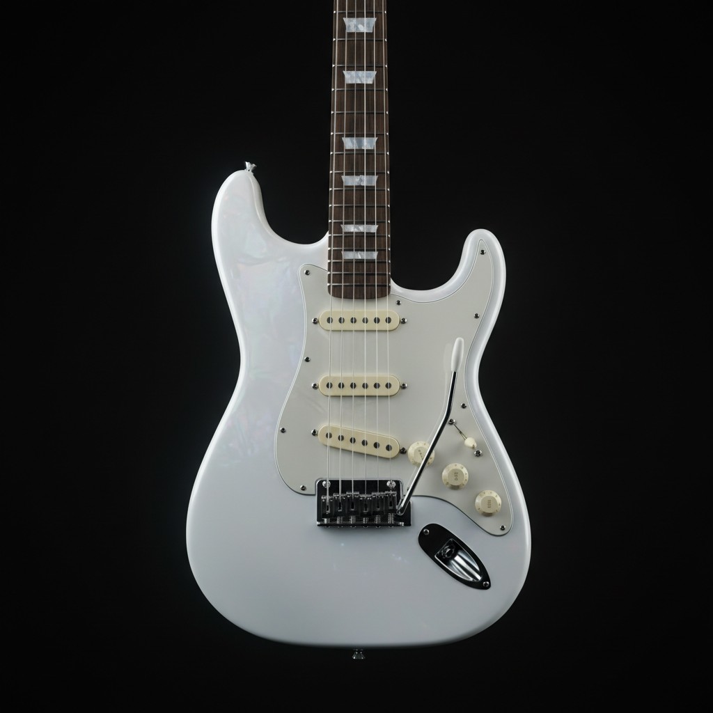 Image of a white electric guitar against a black background. The guitar is vertically suspended in the air and has a glossy finish.