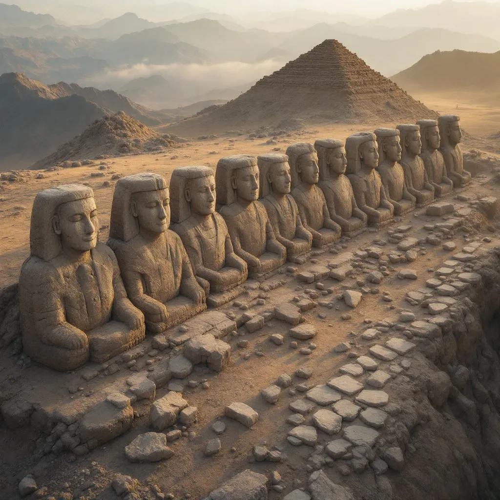 Photorealistic aerial shot of Mount Nemrut with a focus on the large stone statues arranged in a row. Include broken stone slabs and a man-made pyramid-shaped mound in the background. Natural mountain terrain, early morning soft lighting, no dramatic effects. Colors should be muted earth tones—browns, grays, and soft golds.