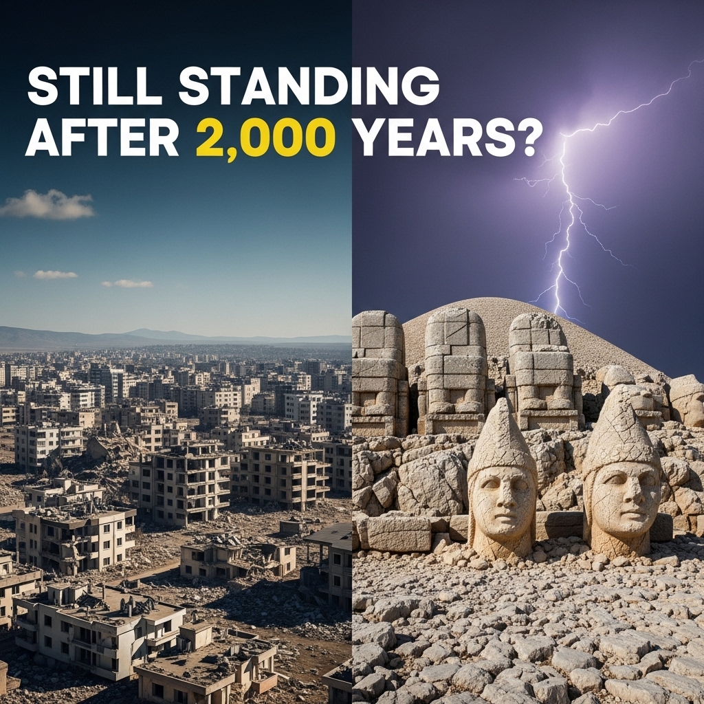 Split image: Left side shows a modern-day earthquake-ravaged city (faded), and the right side shows untouched ancient stone heads on Mount Nemrut. Highlight the contrast. Add a dramatic sky with a lightning bolt in the background. Text at the top: “Still Standing After 2,000 Years?”
