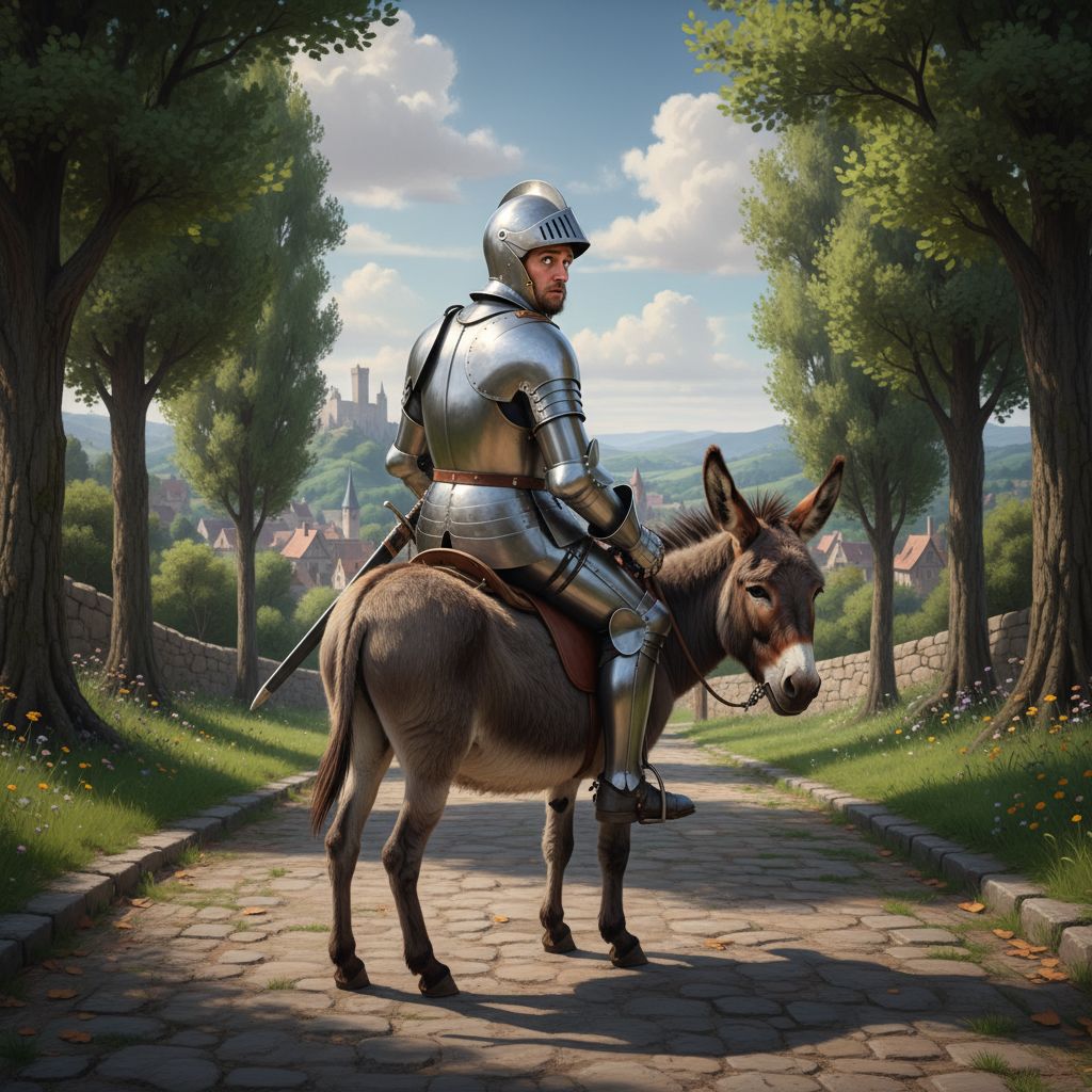 A knight wearing an armor is sitting on top of a donkey. He is facing away from the donkey.