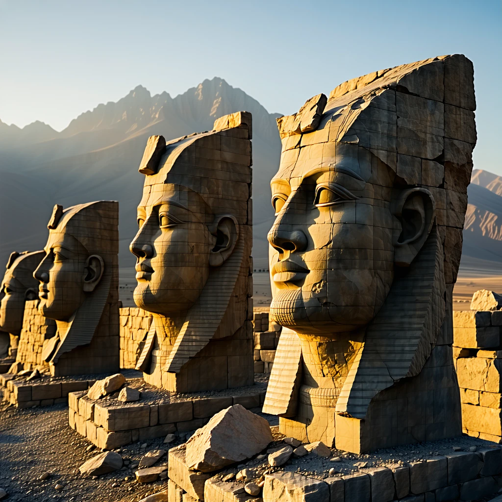 Realistic photo of ancient stone heads on Mount Nemrut, Turkey, taken at sunrise. The statues are weathered and cracked, partially buried in rocky ground. Golden sunlight casts long shadows across the gravel. The background shows the Taurus Mountains and a clear sky with warm tones. Natural lighting, no fantasy elements, historical documentary style.