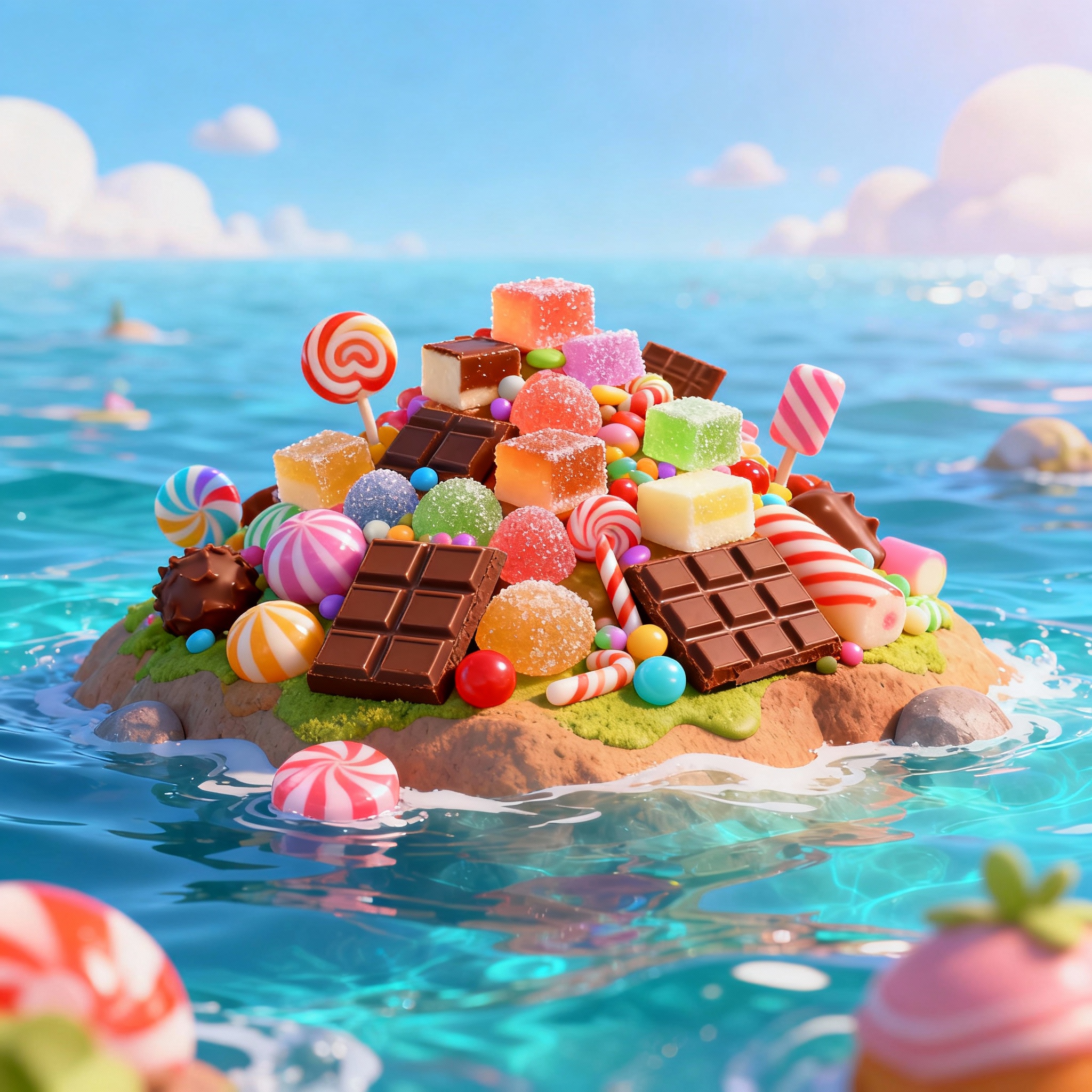 An island in the middle of the sea made of toffees, candies, chocolates and sweets. There are no inhabitants on this island and this is a cartoon style photo