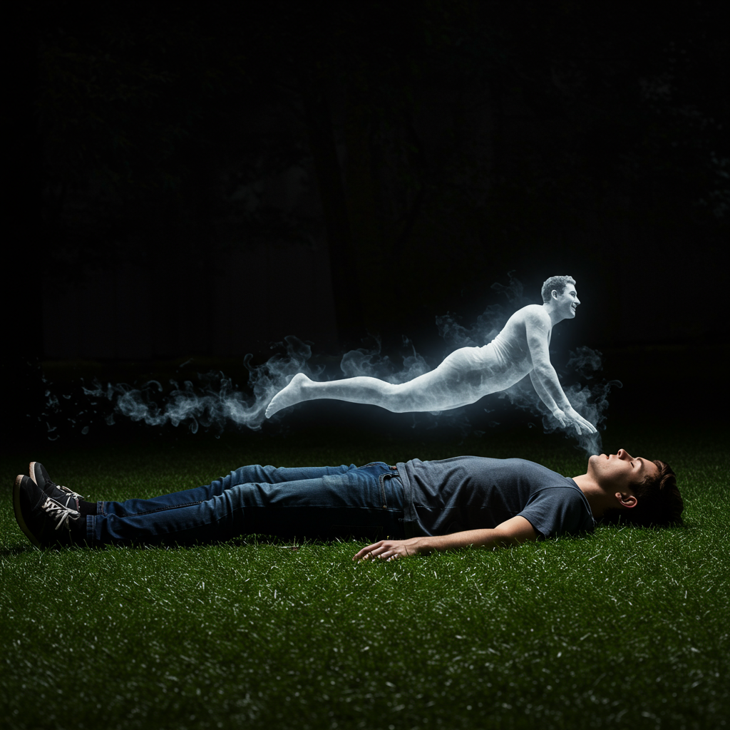 A young man is lying on the grass. he is dead. the body is lying quietly. the young man's soul flies out of his mouth. the soul is in the form of a young man, but cheerful and carefree. the soul is almost completely gone and translucent.
Make the image mysterious.