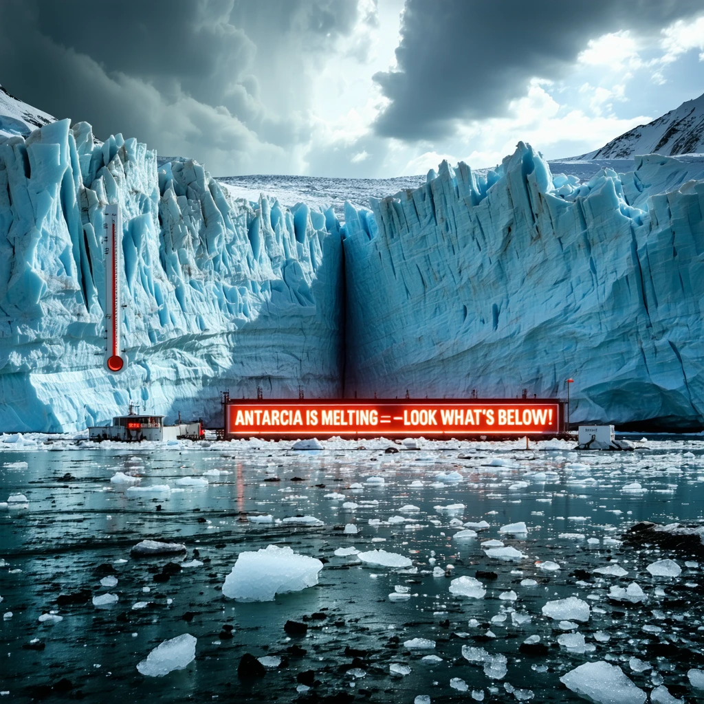 A massive glacier breaking apart with bright red warning signs and rising water flooding a nearby ice research station. Underneath the collapsing ice, ancient bones and buried structures are faintly visible. A thermometer graphic shows extreme temperatures. Dark storm clouds above, with rays of sunlight piercing through. Bold text: “ANTARCTICA IS MELTING – LOOK WHAT’S BELOW!” — dramatic lighting, disaster documentary aesthetic, 16:9 frame, emotional and urgent tone, high detail.