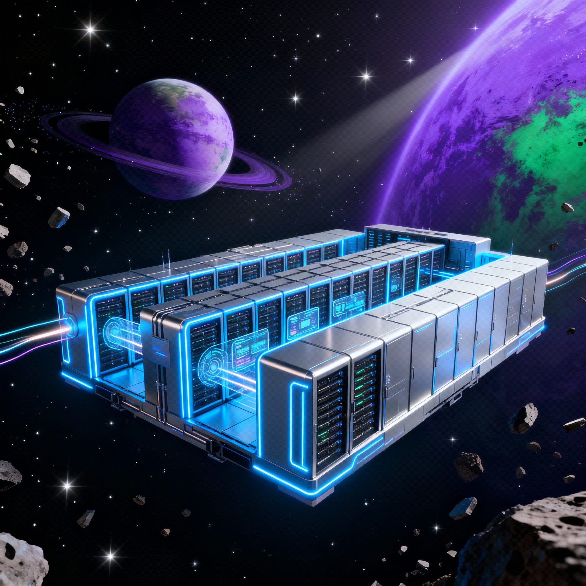 A visualization of a data center in space.