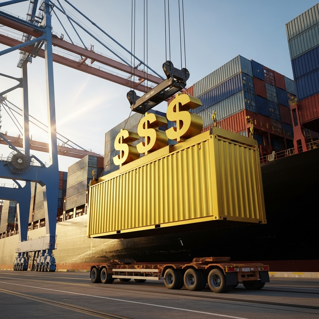 An image of a large shipping container that is being loaded from a ship (in the background) onto a large trailer. On top of this container, we have 3 large $ (dollar) signs in gold.