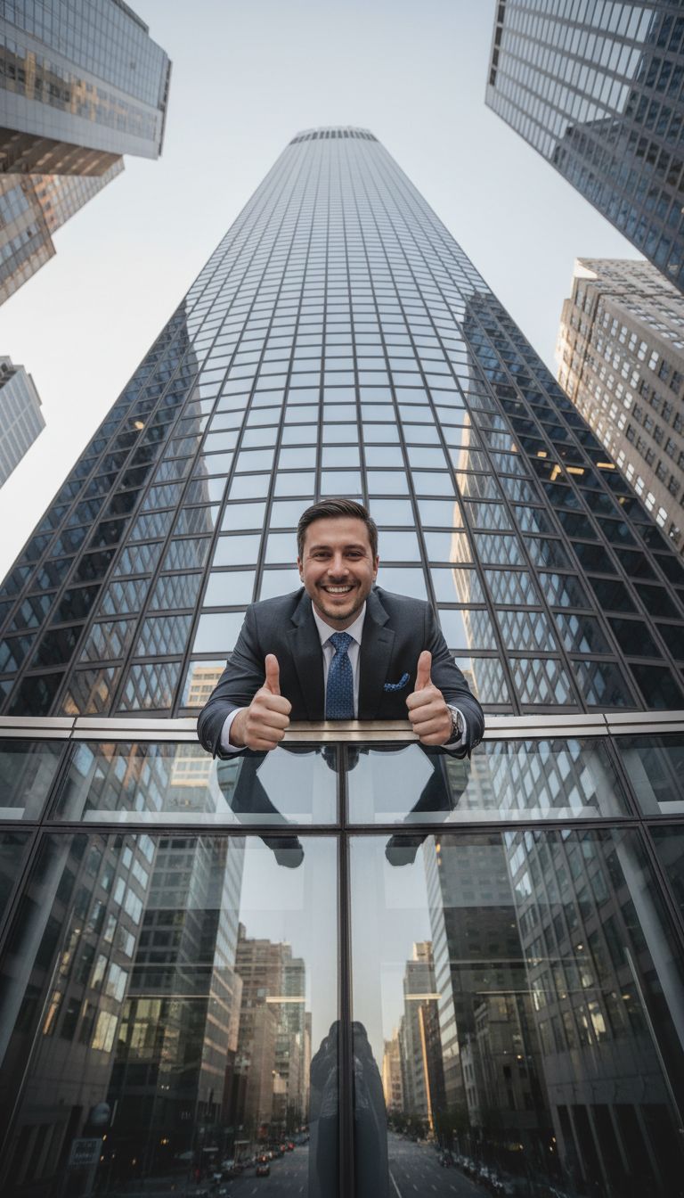 A photo taken from the bottom of a skyscraper showing a person peering down at the camera with a thumbs up. You can see the skyscraper in the background. The person is wearing a tie and suit and appears to be a working professional.