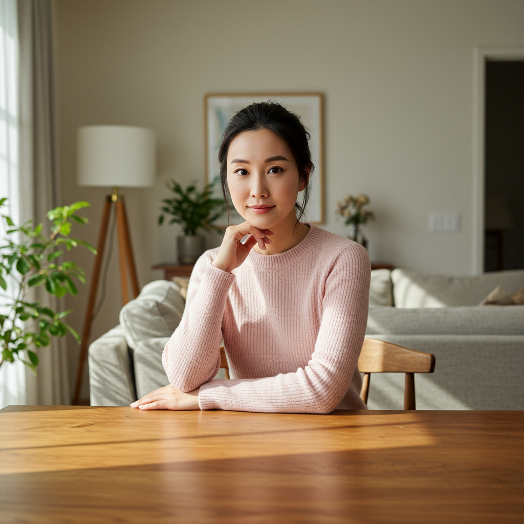 A high-resolution photograph features a young East Asian woman in her thirties seated at a wooden table in a sunlit living room. She confidently looks at the camera, her neatly pulled-back hair and comfortable pastel pink sweater complementing the serene ambiance created by the natural light, neutral-colored walls, and soft furnishings like the plants, sofa, and floor lamp around her.