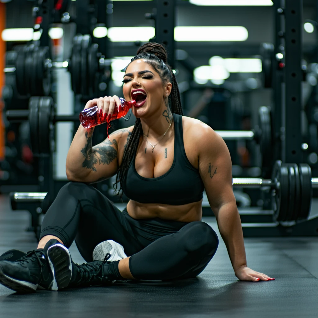 "A curvy, fit woman with a confident and beautiful face sits on the gym floor, completely exhausted after an intense workout. Her body glistens with sweat, and she holds a water bottle in one hand while catching her breath. Her long nails, painted a bold red, contrast with the rough gym environment. She wears stylish, form-fitting athletic wear that accentuates her curves. The gym lights cast a warm glow on her face, highlighting her determination and strength. In the slightly blurred background, weight racks, dumbbells, and cardio machines create a powerful workout atmosphere
