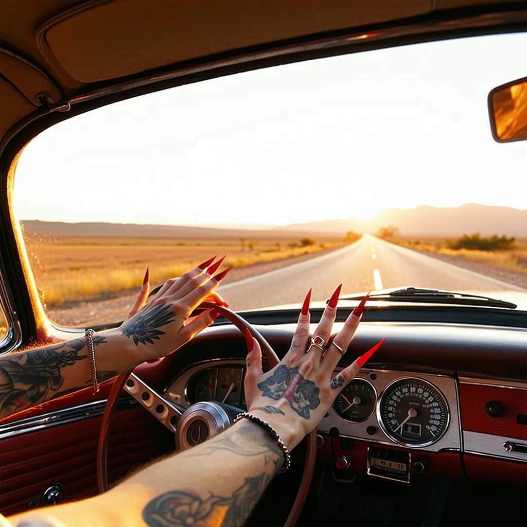 A nostalgic road trip scene inside a vintage car. Two tattooed hands with long, red-painted nails rest on the dashboard, evoking a rebellious yet stylish vibe. The classic speedometer is visible, reflecting the adventure ahead. Outside the windshield, a breathtaking road stretches into the horizon under a golden sunset, creating a warm and dreamy atmosphere.