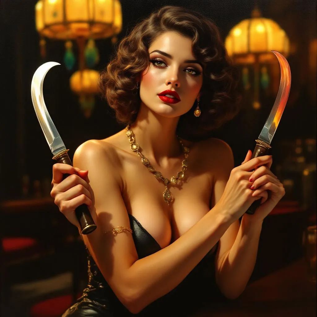 beautiful woman with crescent fist knives in art deco club in the 1930s, painting