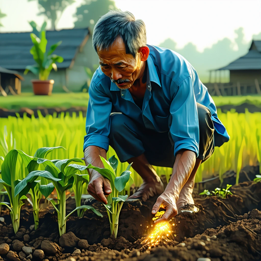 A simple farmer bows with dignity while planting seeds.
His hands glow subtly, feeding the earth with quiet fortune.

 cinematic, hyper realism, 4k