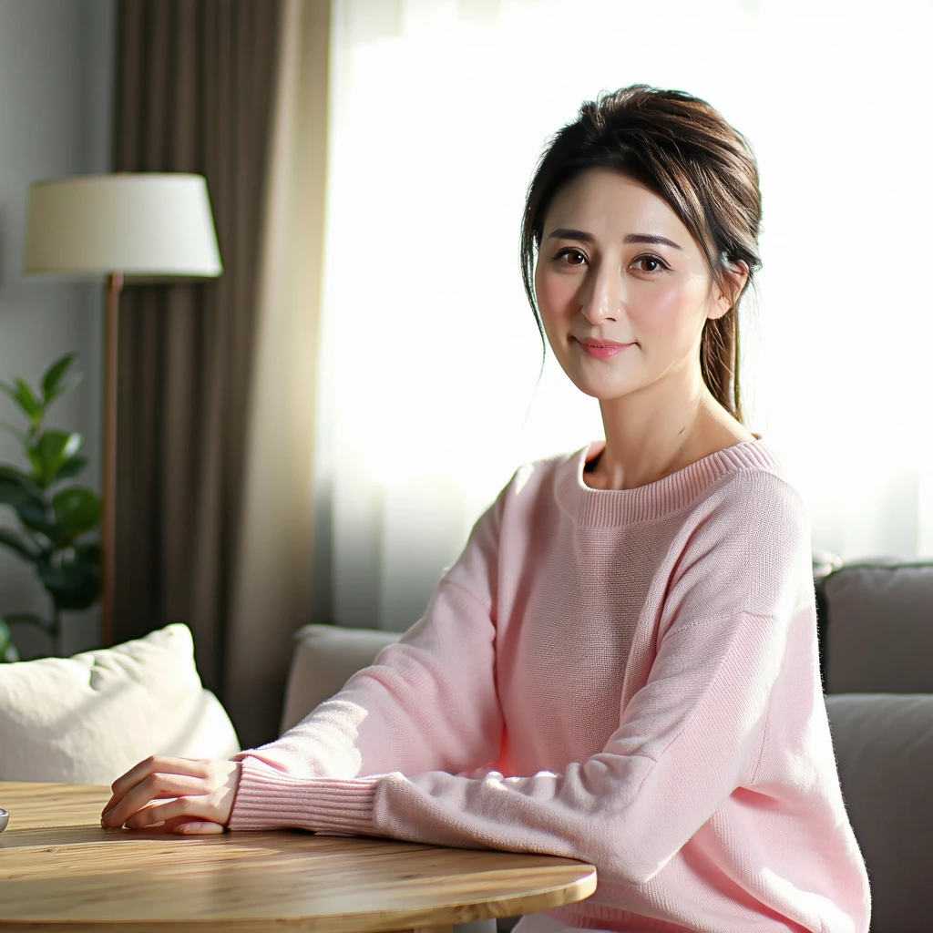A high-resolution photograph features a young East Asian woman in her thirties seated at a wooden table in a sunlit living room. She confidently looks at the camera, her neatly pulled-back hair and comfortable pastel pink sweater complementing the serene ambiance created by the natural light, neutral-colored walls, and soft furnishings like the plants, sofa, and floor lamp around her.