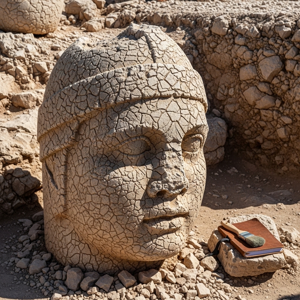 Photorealistic close-up of an ancient statue head partially buried at Mount Nemrut. In the frame, a small archaeological brush and notebook lie nearby, suggesting an active excavation. Realistic textures of dust, stone, and natural terrain. Lighting is neutral daylight with accurate shadows. No fantasy, authentic historical dig scene.